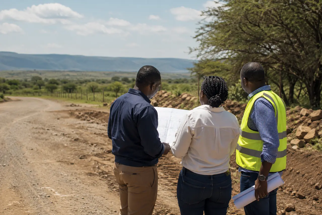 Environmental and social consultants reviewing project plans during a field assessment