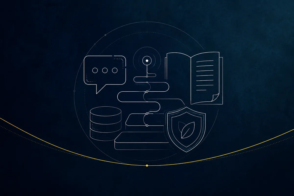 Line illustration of a feedback pathway, policy document, reporting database and trust shield