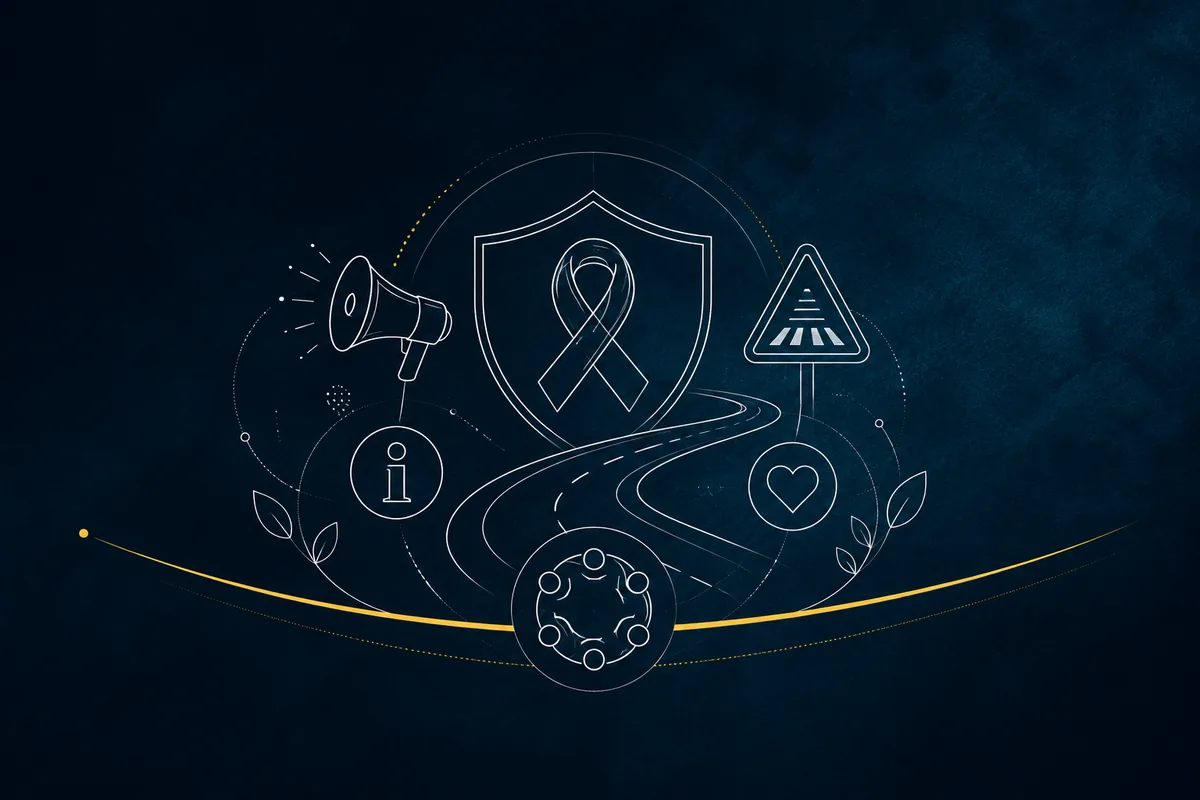 Line illustration of a health shield, awareness megaphone, roadway and road-safety sign