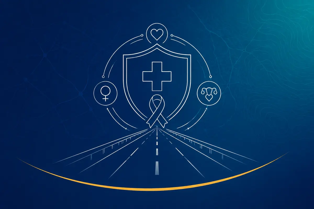 Line illustration of a highway, health shield and road-safety symbols