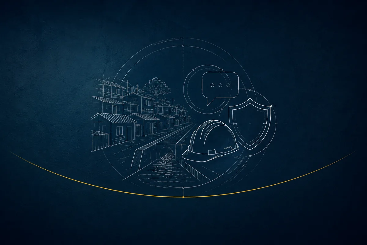 Line illustration of an informal settlement, drainage channel, safety helmet and safeguards shield
