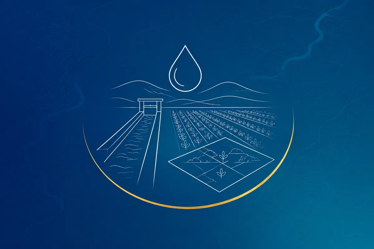 Line illustration of an irrigation canal, cultivated fields and water droplet