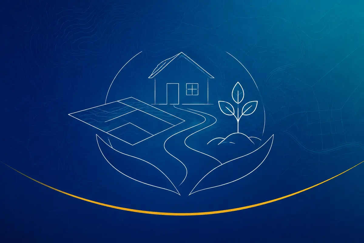 Line illustration of a home, land parcel, pathway and growing seedling