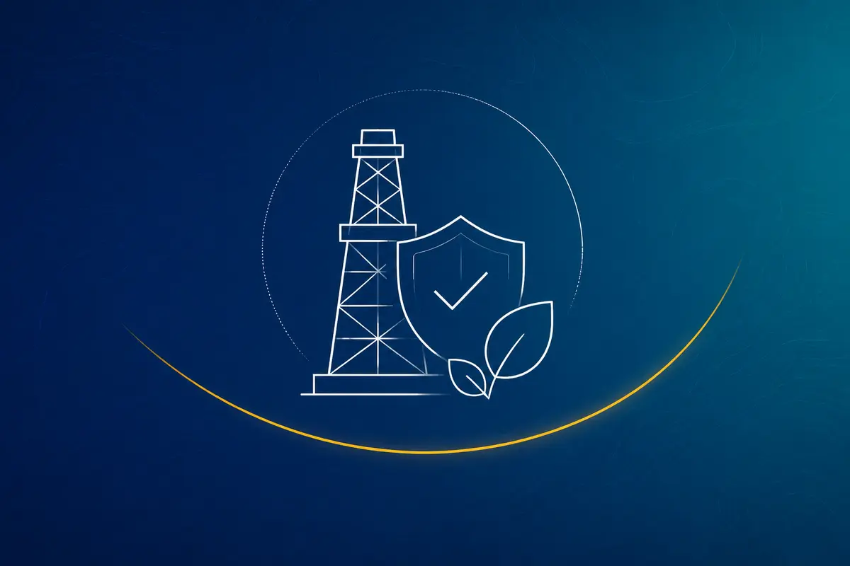 Line illustration of an oil derrick, environmental leaf and audit shield