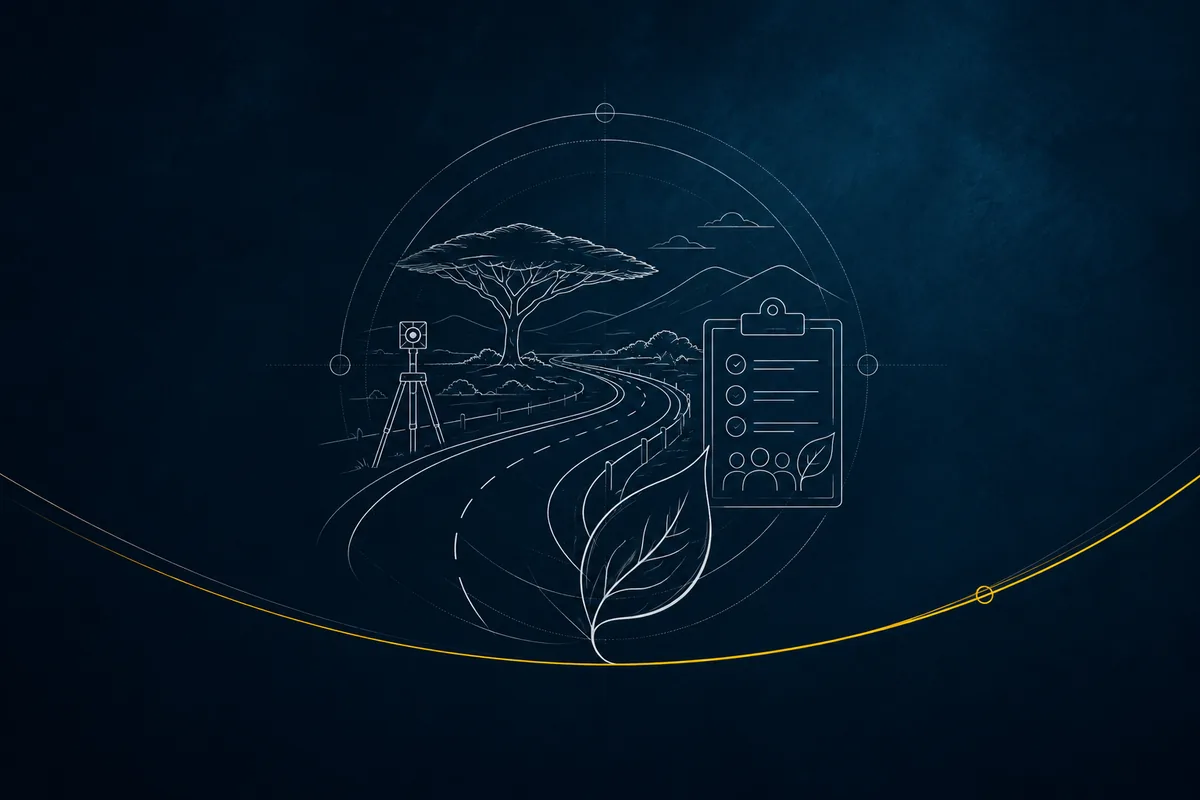 Line illustration of a highway, survey equipment, environmental leaf and assessment clipboard