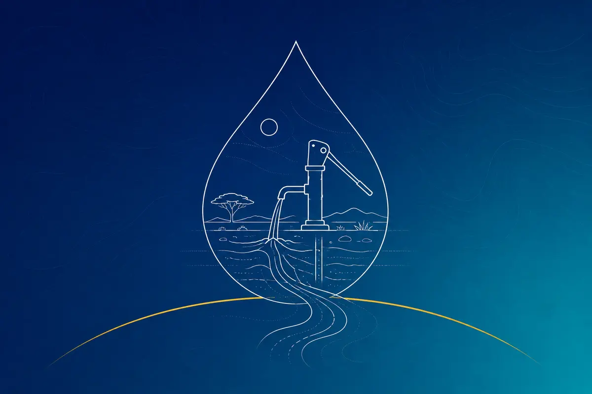 Line illustration of a water droplet, borehole pump and dryland landscape
