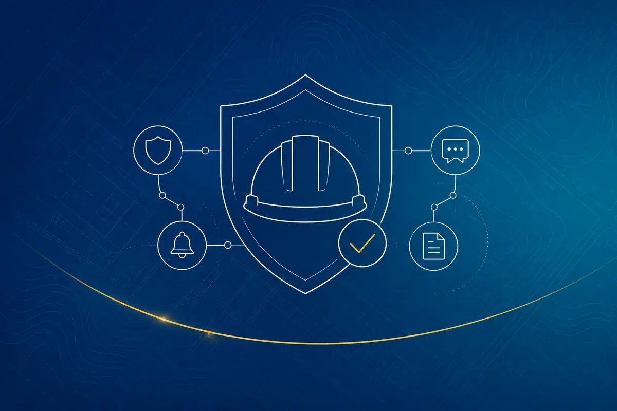 Line illustration of a protective shield, safety helmet and reporting system